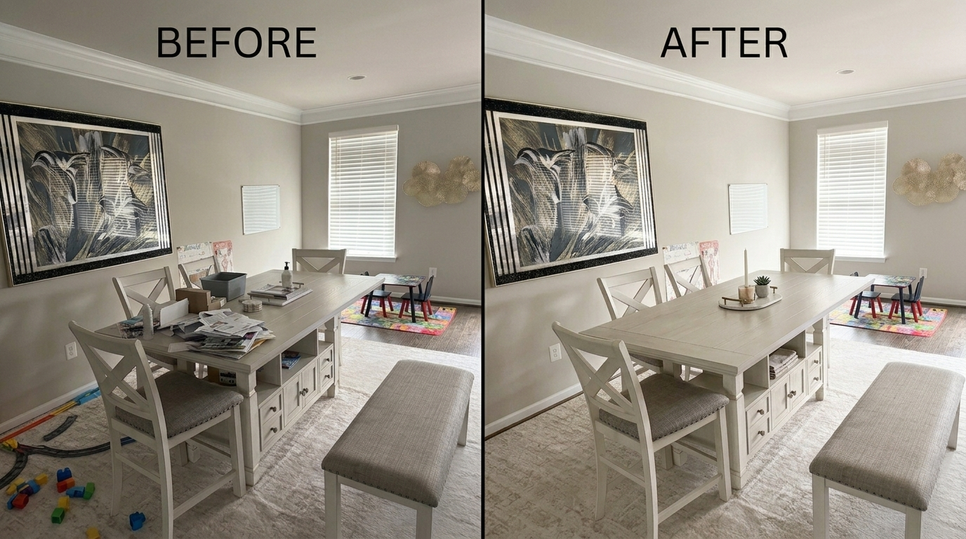 Dining room before and after a Fall Home Services cleaning