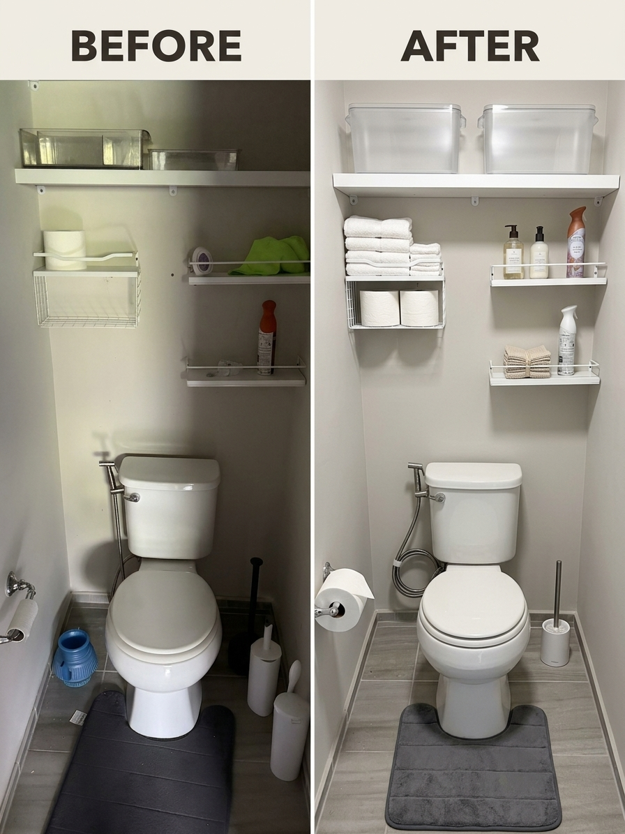 Powder room before and after a Fall Home Services cleaning