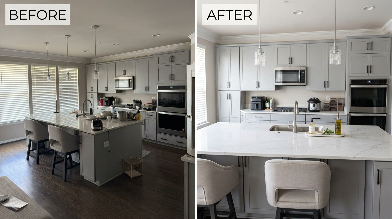 Kitchen before and after a Fall Home Services cleaning