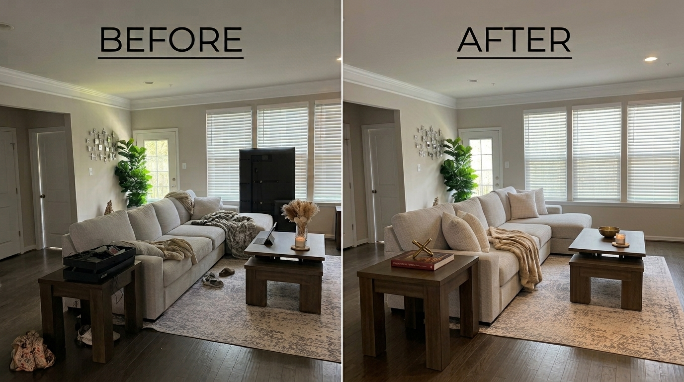 Living room before and after a Fall Home Services cleaning