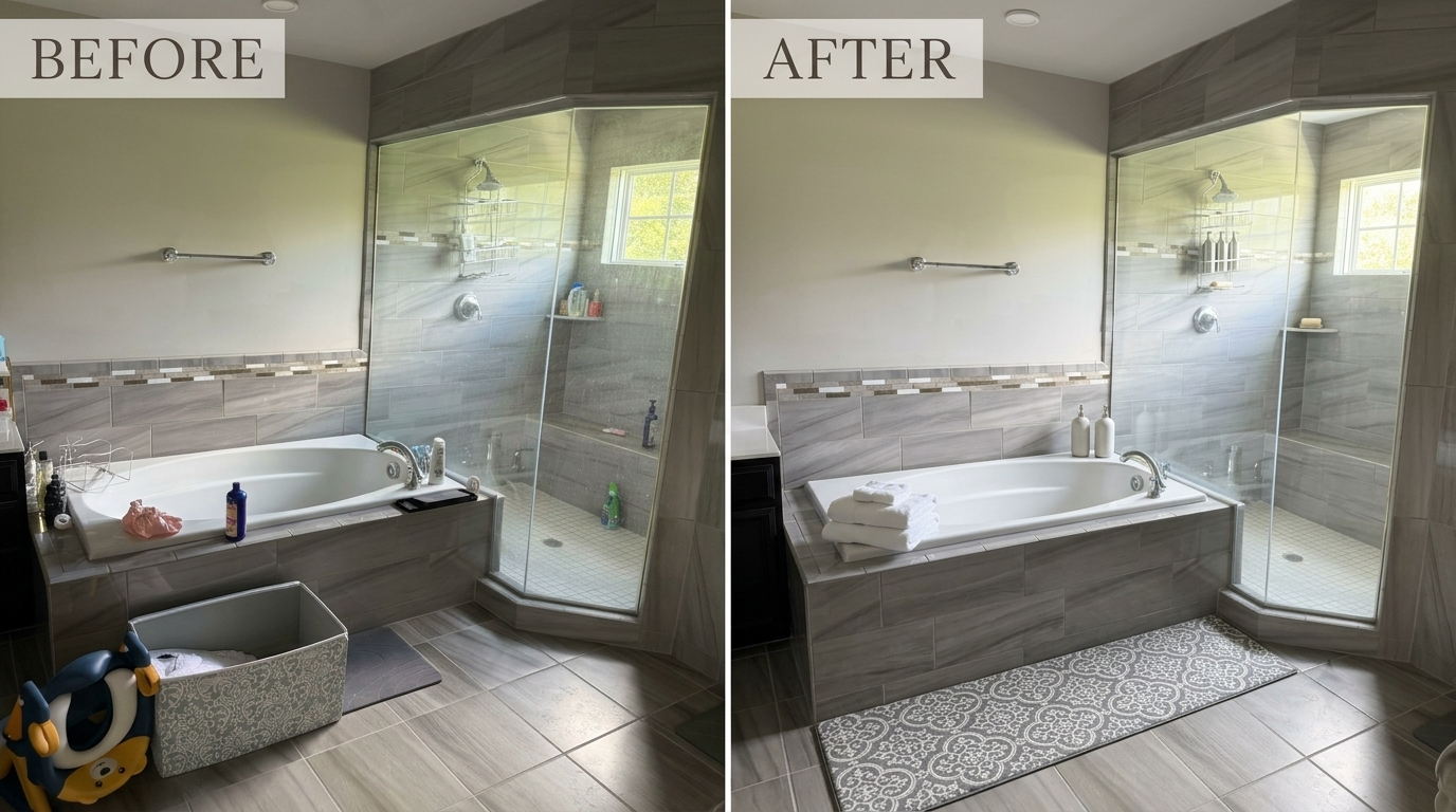 Primary bath before and after a Fall Home Services cleaning