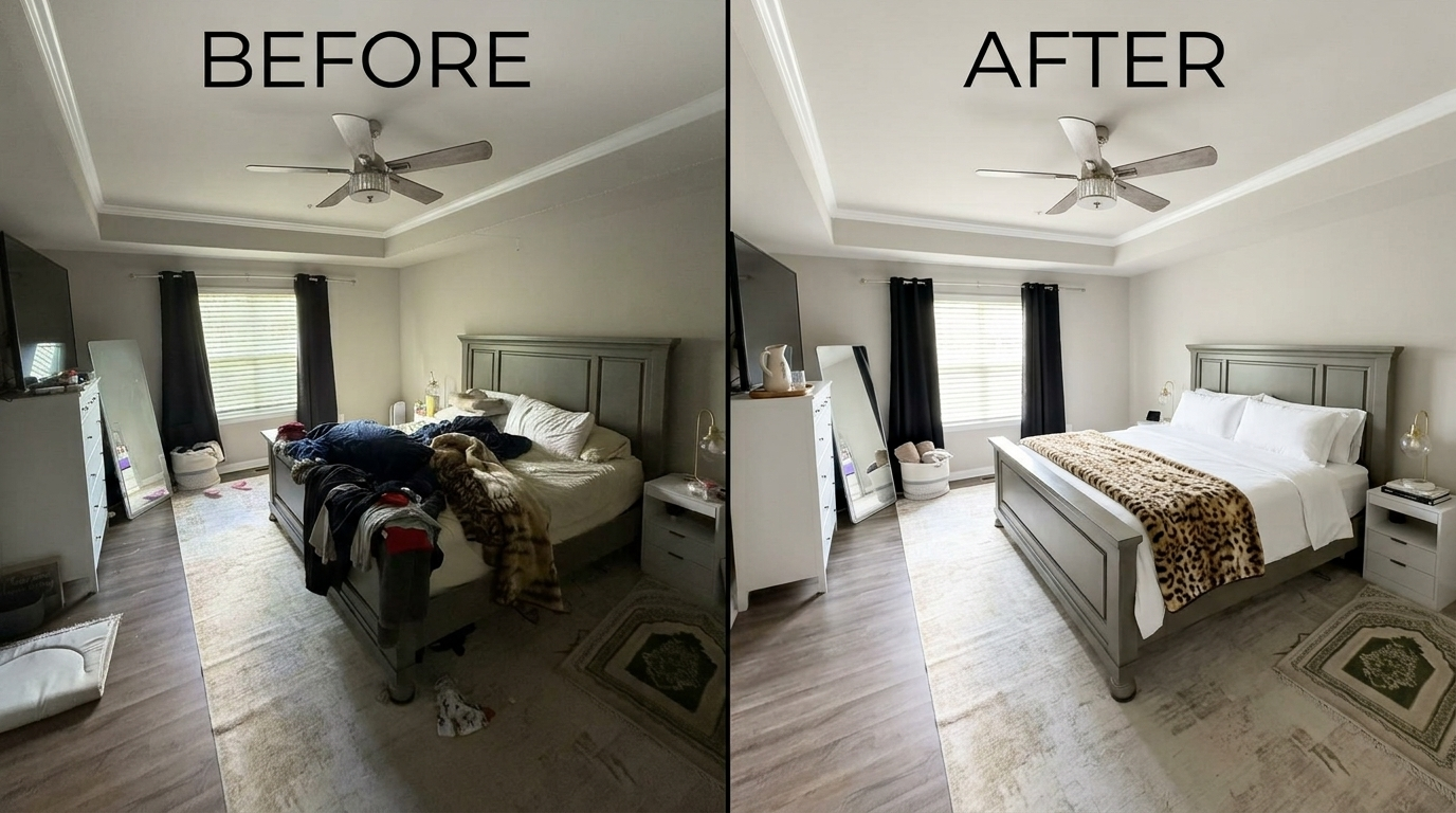 Primary bedroom before and after a Fall Home Services cleaning