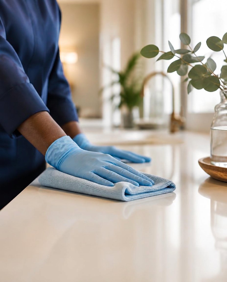 Professional cleaner carefully finishing a kitchen surface in a customer's home