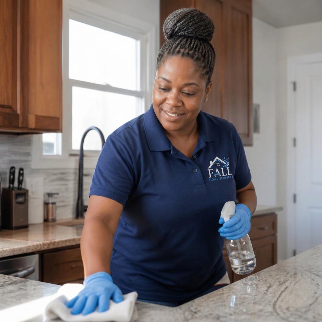 Fall Home Services cleaning professional in navy uniform wiping down a kitchen counter