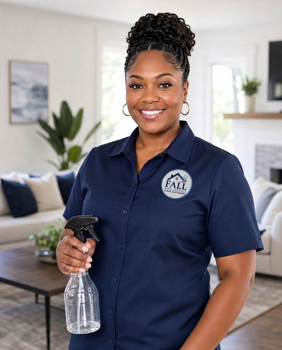 Fall Home Services cleaner in a branded shirt after a house cleaning in Upper Marlboro, Maryland