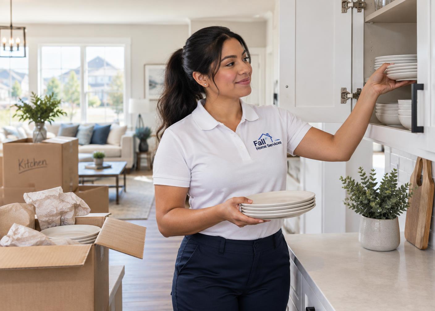 Fall Home Services professional unpacking and organizing a newly moved-in Maryland home
