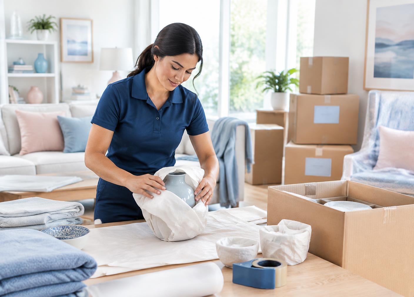 Professional packing specialist carefully wrapping household items in a Maryland home