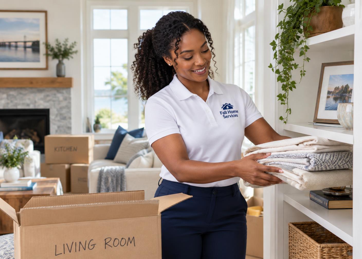 Fall Home Services professional unpacking and arranging household belongings after a Maryland move